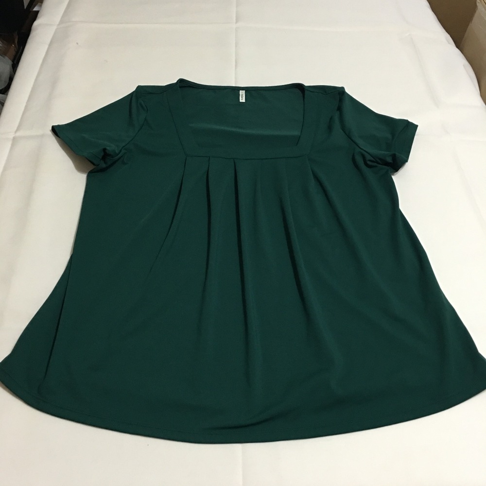 Halara Blouse Women Large Green Square Neck Pleated Front Short Sleeve
